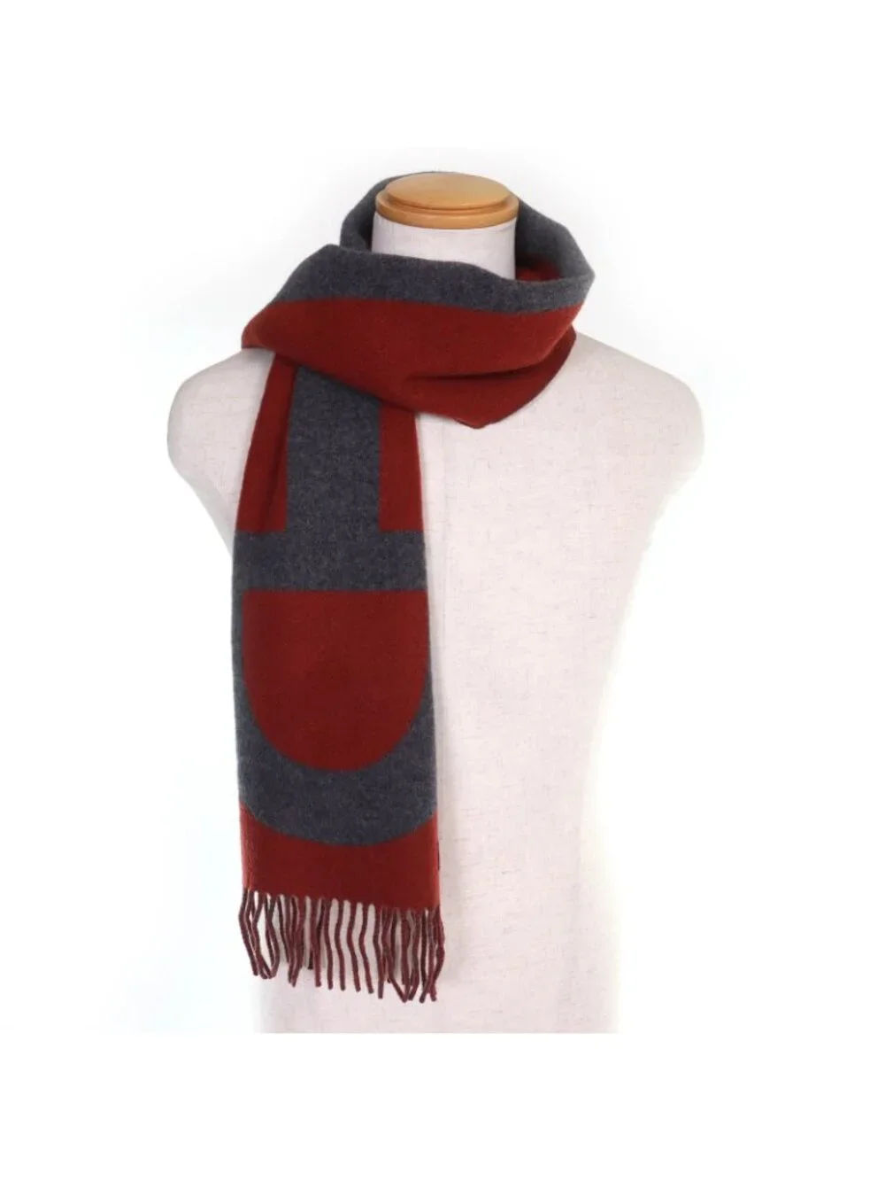 Hermes Grand Mall Cashmere Fringe Scarf Bicolor Brown Gray - Picture 4 of 9